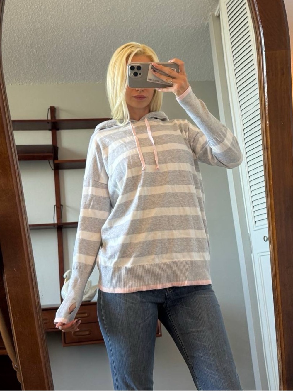Tahari Light Gray & Cream Striped Hooded Pullover with Pink Trim